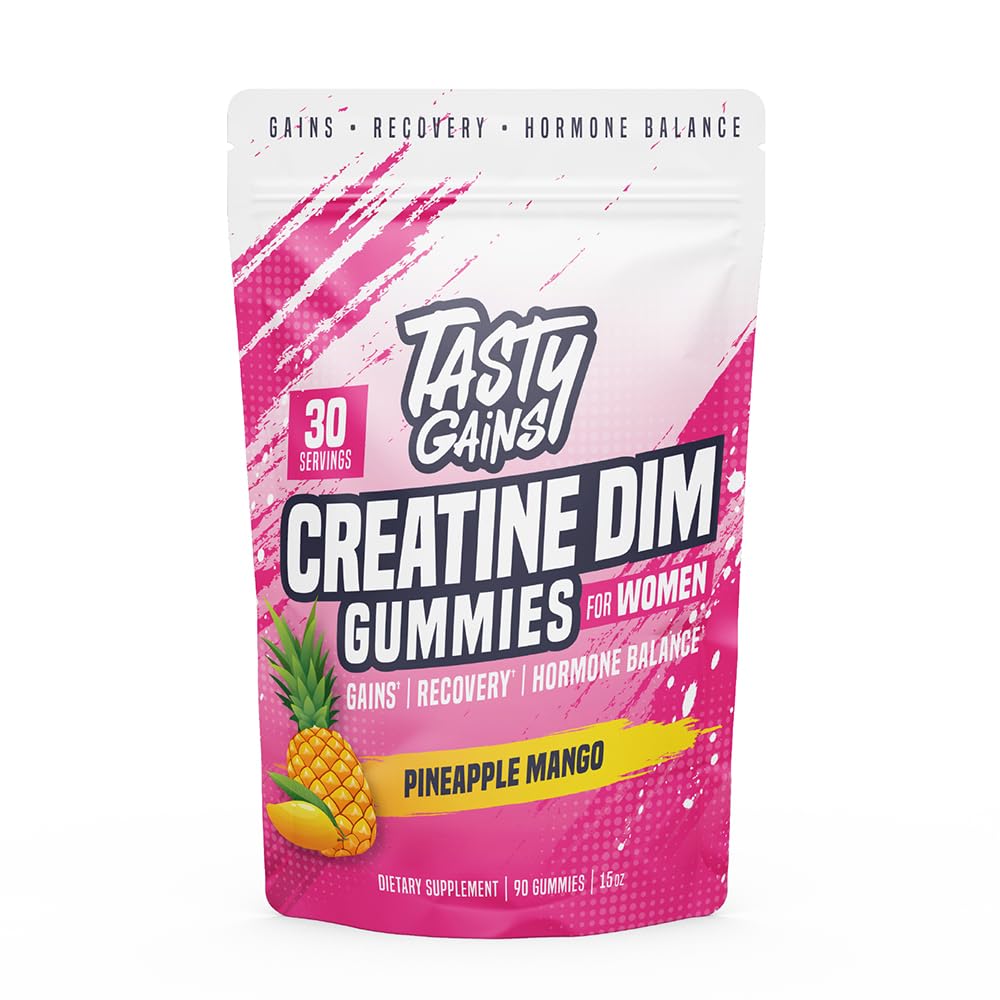 TASTY GAINS Creatine Gummies Pineapple Mango bottle, convenient workout fuel for women.