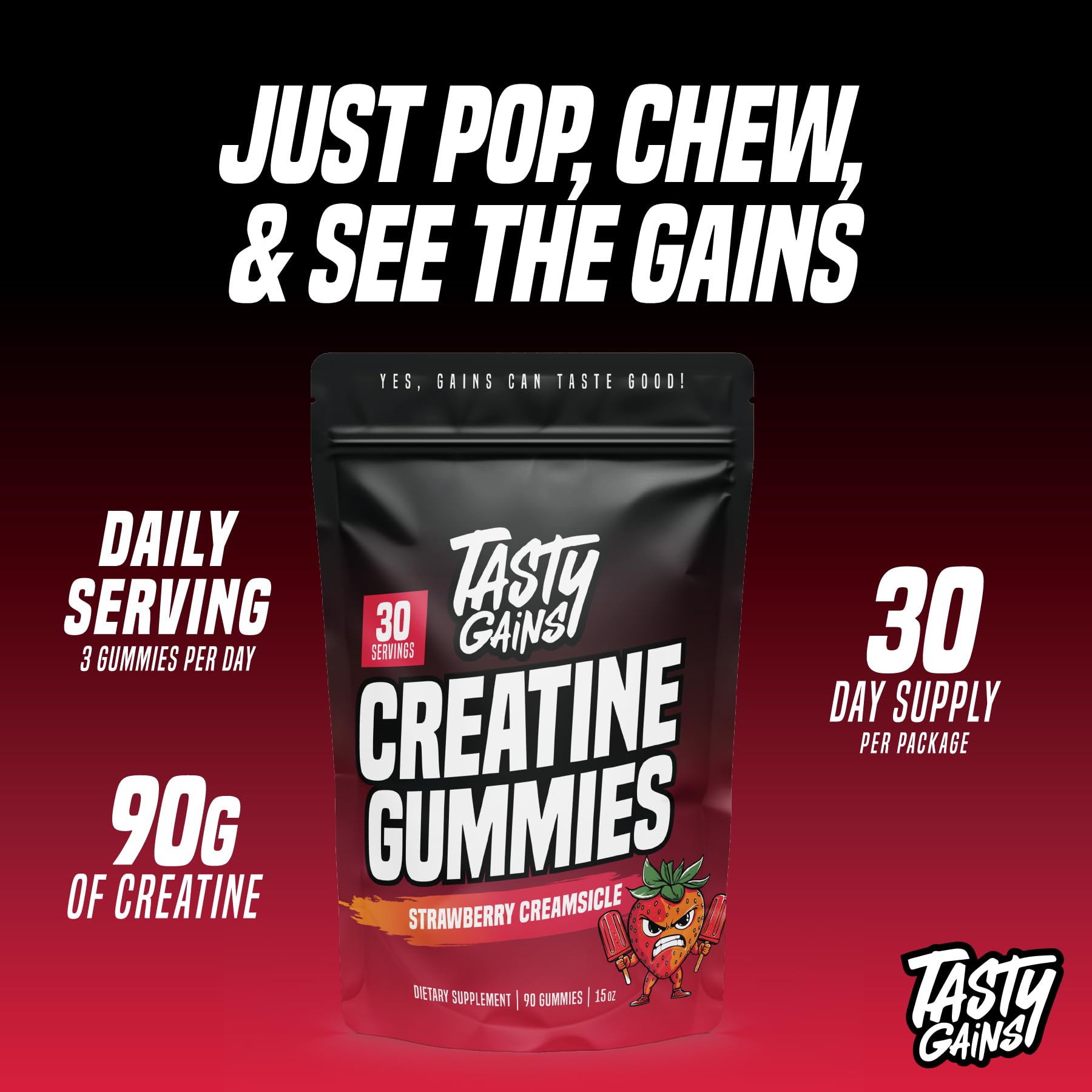TASTY GAINS Creatine Gummies serving piece ready to fuel training