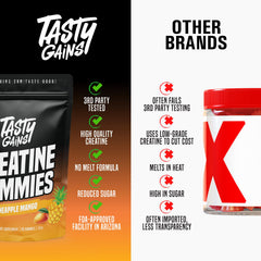 TASTY GAINS Creatine Gummies in workout setup suggests faster energy during sessions