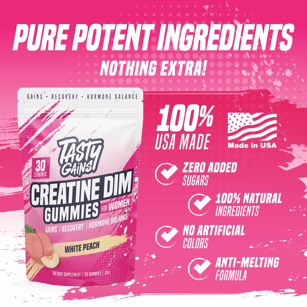 TASTY GAINS DIM 100mg bottle, hormone balance support for daily wellness.