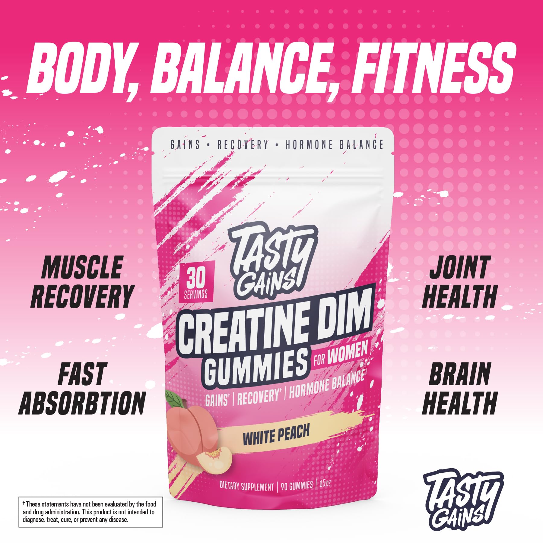 TASTY GAINS estrogen balance gummies bottle emphasizes DIM 100 mg