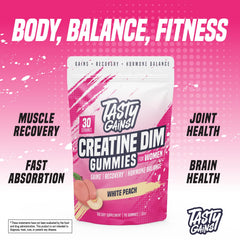 TASTY GAINS estrogen balance gummies bottle emphasizes DIM 100 mg