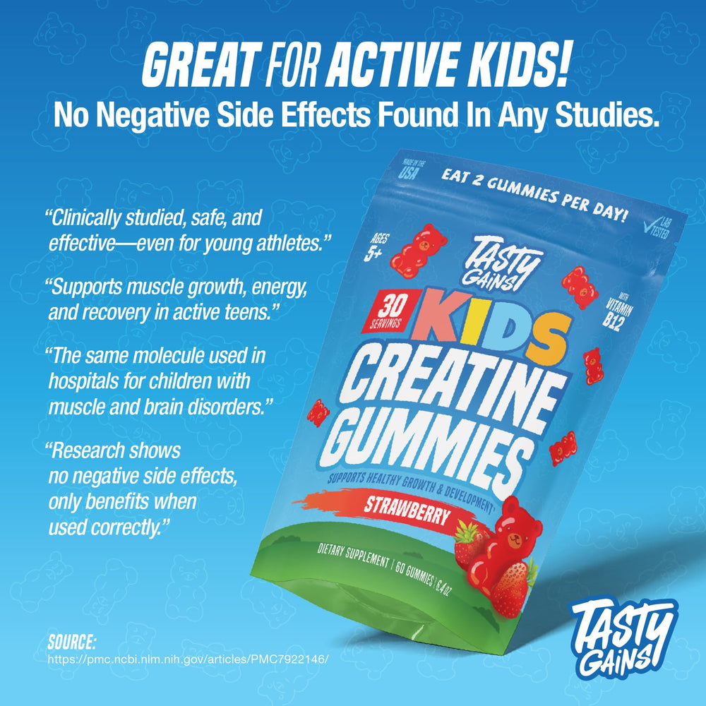 TASTY GAINS bottle on counter—US-made quality for families.