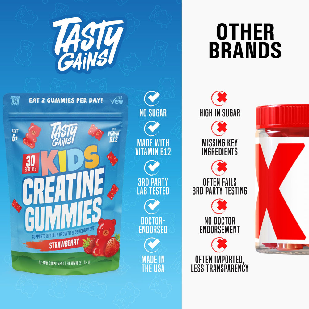 TASTY GAINS close-up of gummies—strawberry flavor appeals to kids.