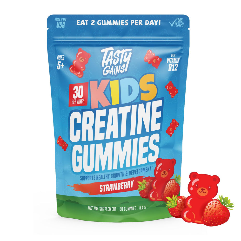 TASTY GAINS Kids Creatine Gummies bottle—strawberry flavor supports daily nutrition.