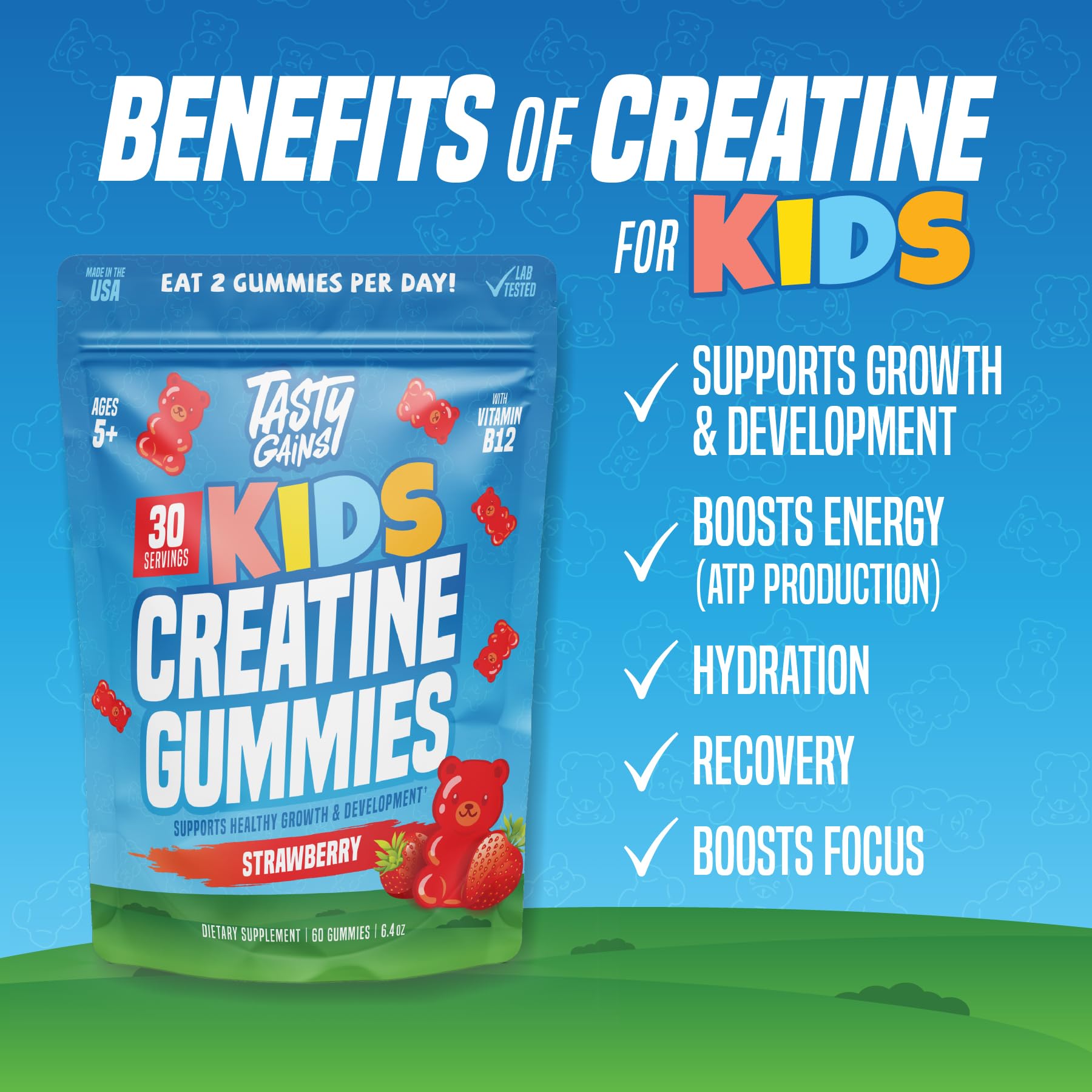 TASTY GAINS serving shot—two gummies daily for simple routine.