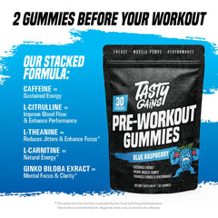 TASTY GAINS on-the-go energy gummies pack for gym sessions.