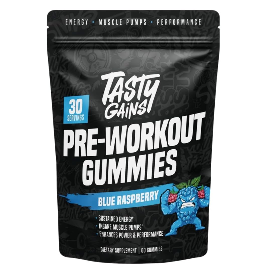 TASTY GAINS blue raspberry pre-workout gummies boost energy and focus for workouts