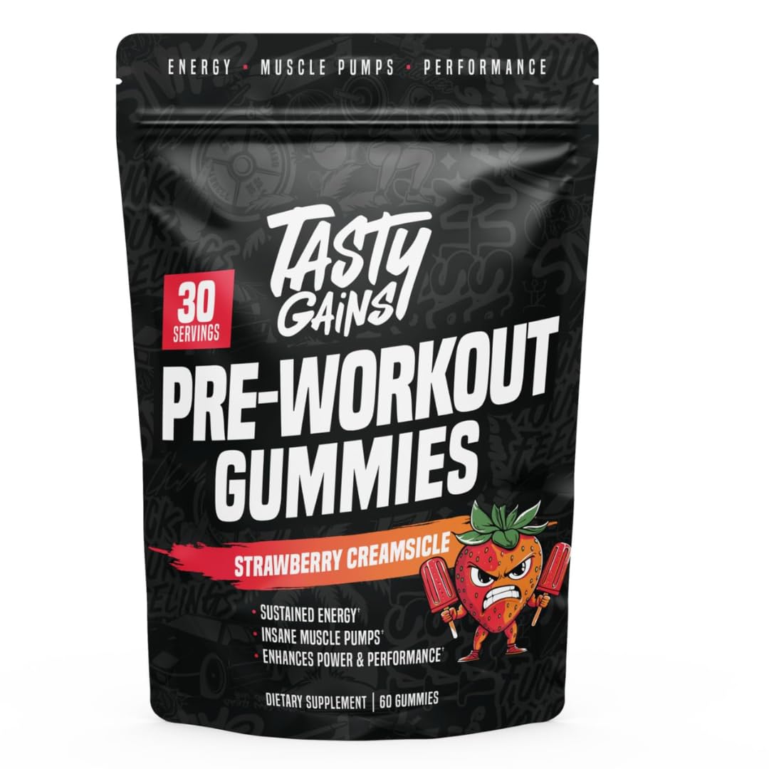 TASTY GAINS pre-workout gummies Strawberry Creamsicle for energy and focus before workouts