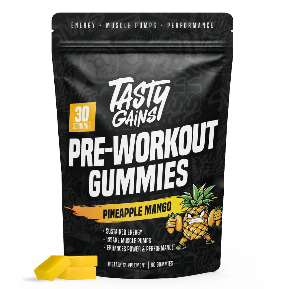 TASTY GAINS preworkout gummies pineapple mango bottle shows quick energy before training.