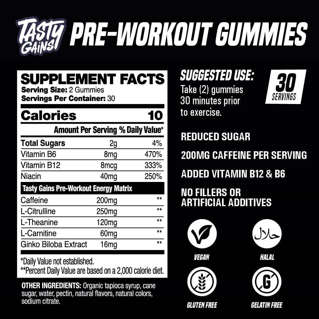 TASTY GAINS workout-boost scene with athletes using gummies.