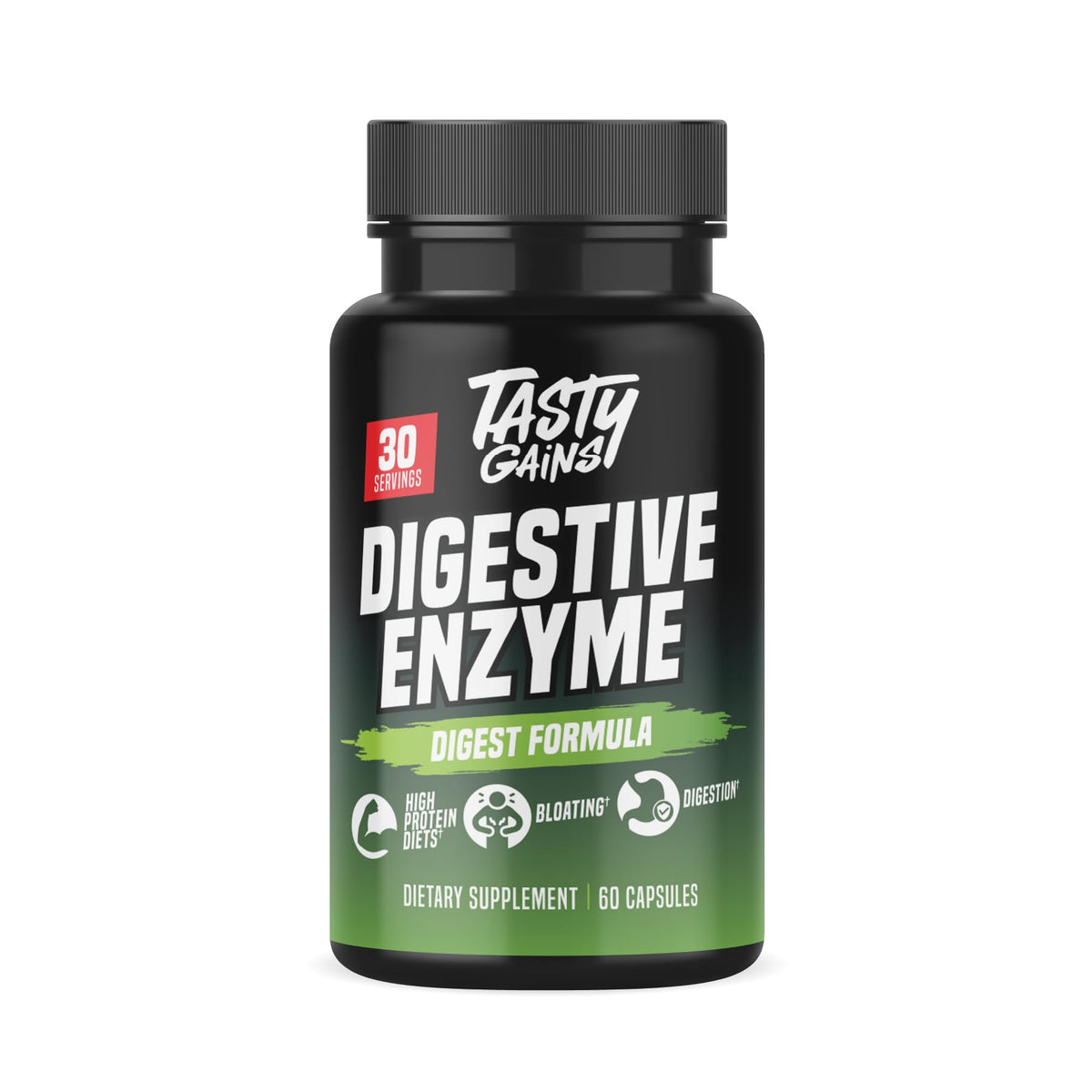 TASTY GAINS digestive enzymes bottle visual showcasing smoother digestion and nutrient absorption