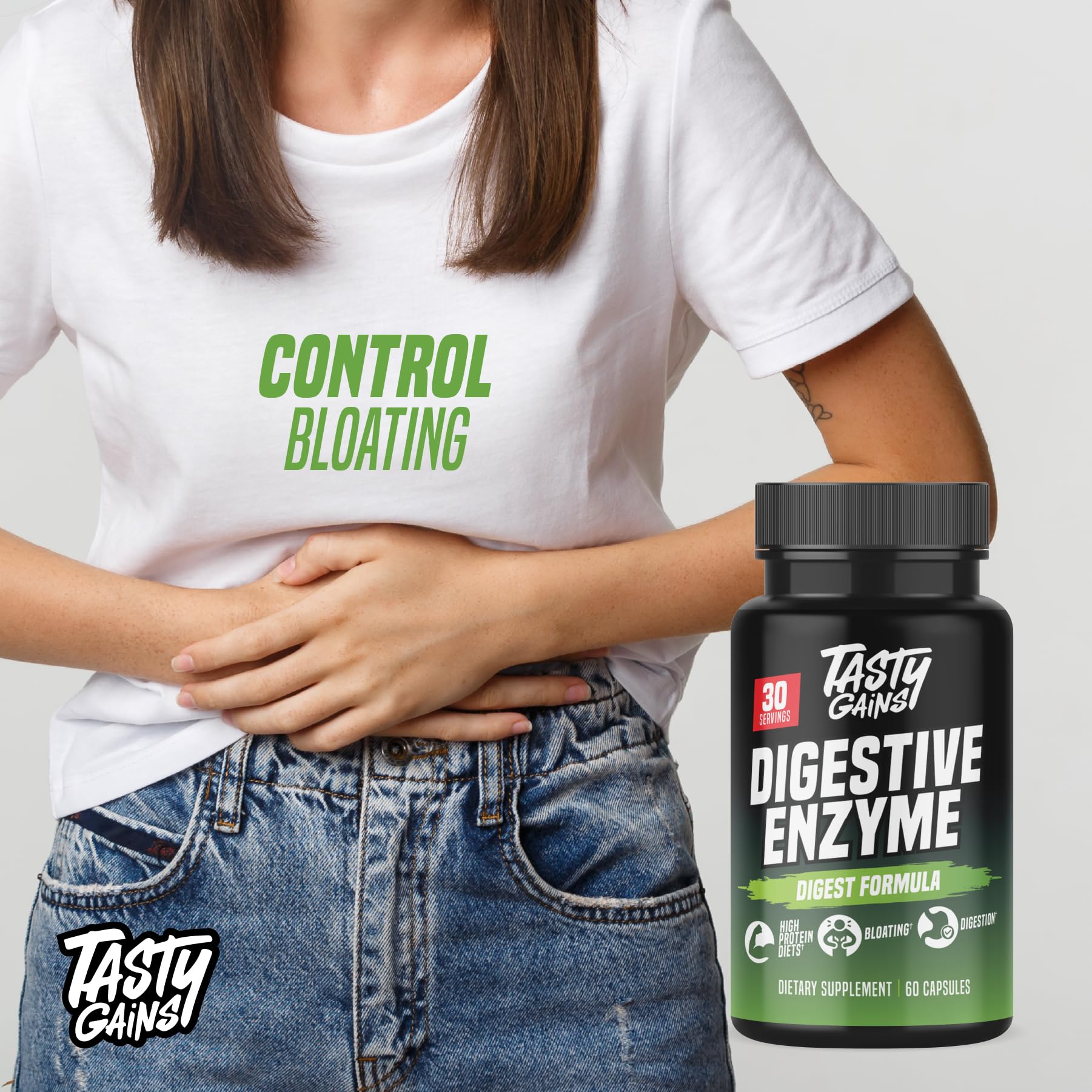 TASTY GAINS two-capsules daily serving demonstrates convenient digestion support