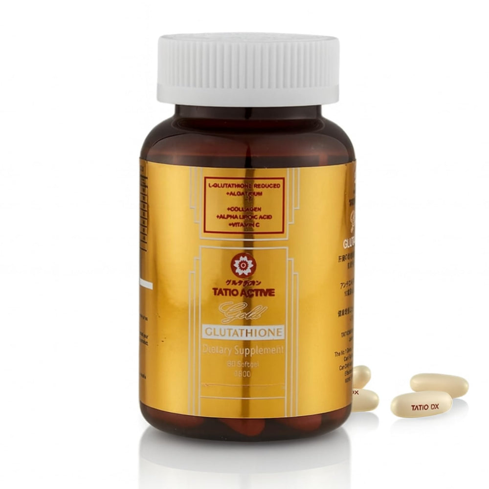 Tatiomax New Gold bottle pouring softgels for daily radiant skin support