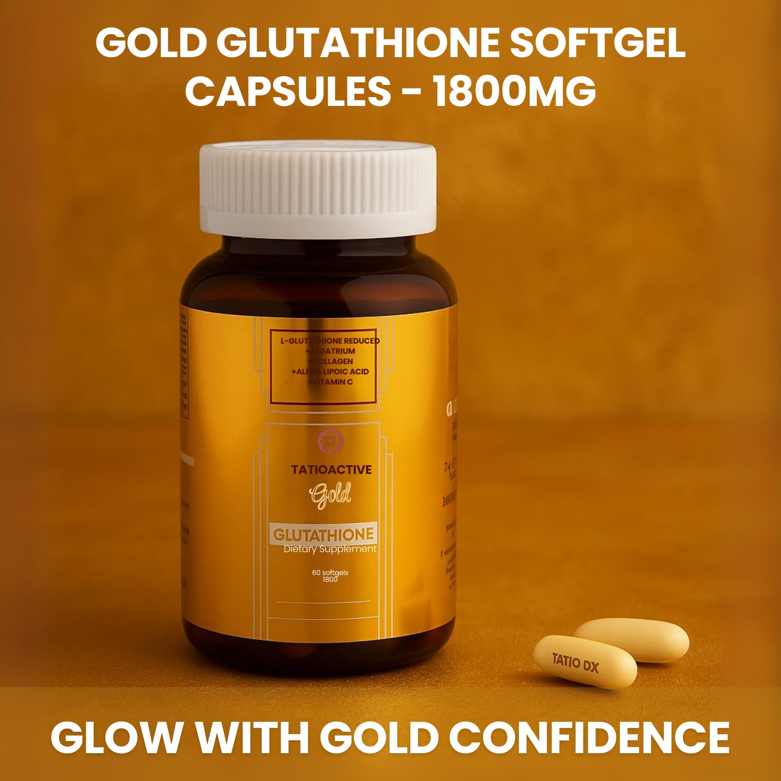 Tatiomax New Gold softgel close-up with high potency glutathione