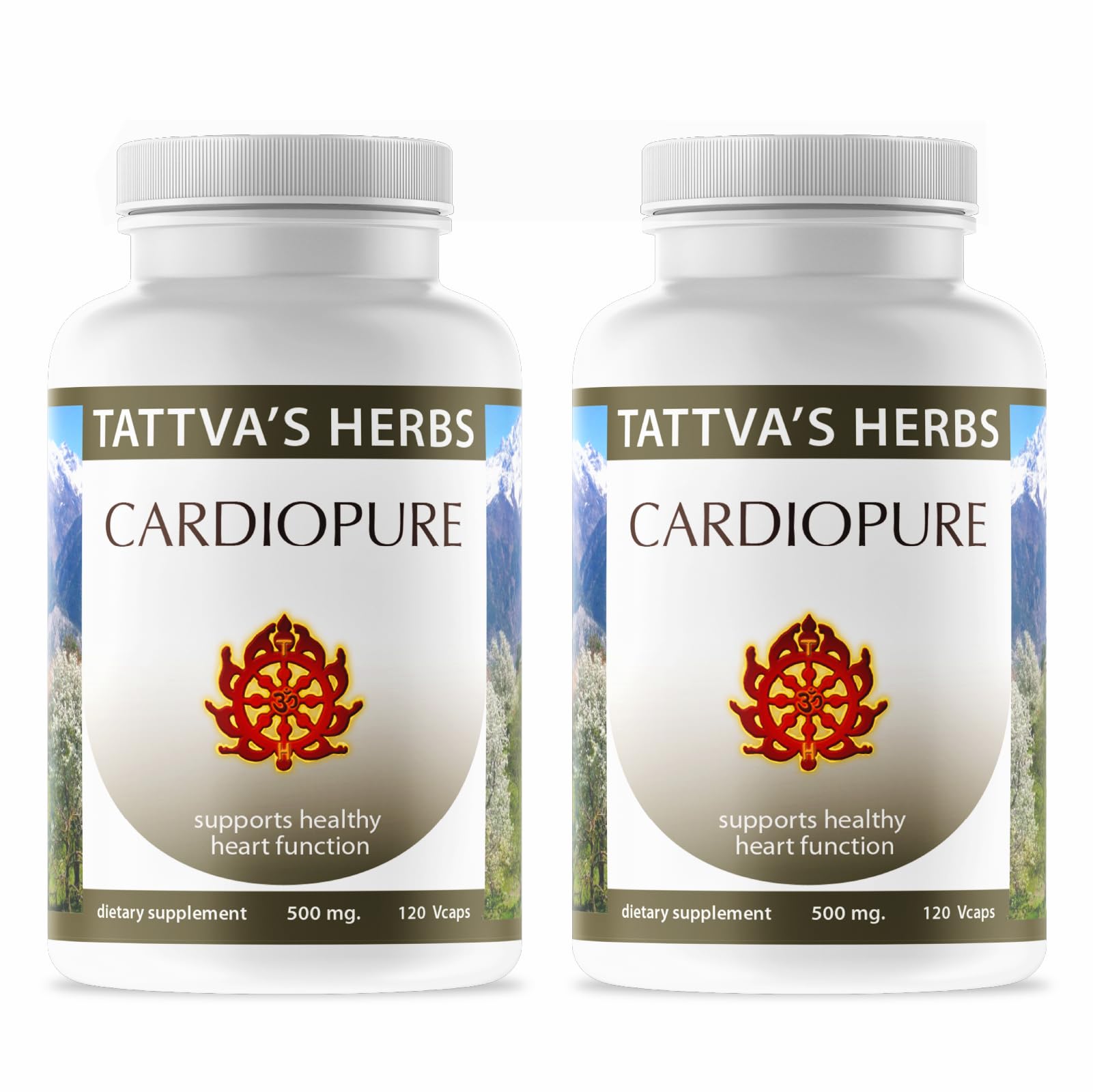 Tattvas Herbs Cardiopure bottle closeup with veggie capsules for daily balance.