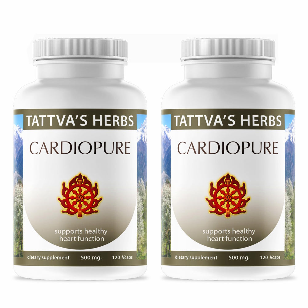 Tattvas Herbs Cardiopure bottle closeup with veggie capsules for daily balance.