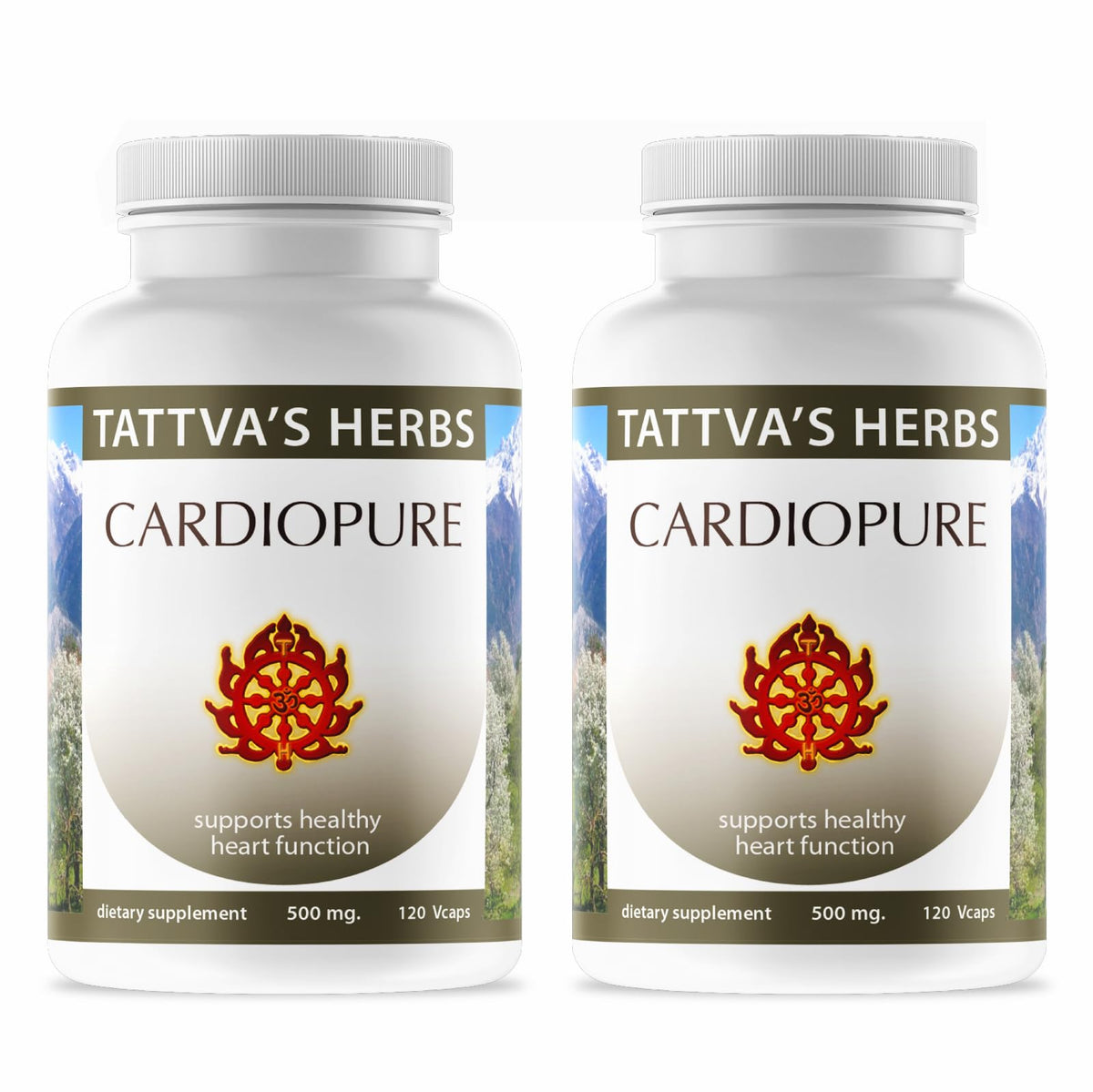 Tattvas Herbs Cardiopure bottle closeup with veggie capsules for daily balance.