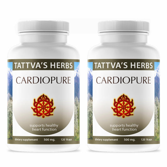 Tattvas Herbs Cardiopure bottle closeup with veggie capsules for daily balance.