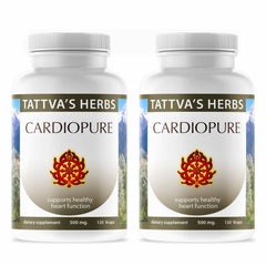 Tattvas Herbs Cardiopure bottle closeup with veggie capsules for daily balance.