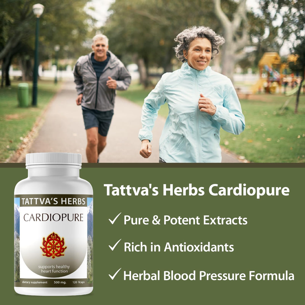 Cardiopure bottle with ingredients highlighting traditional herb blend by Tattvas Herbs.