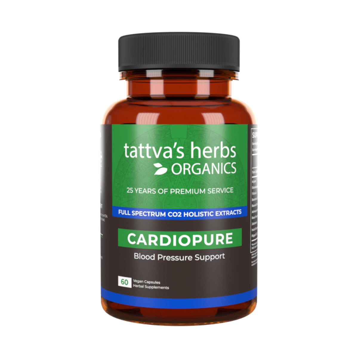 Tattva's Herbs Cardiopure bottle on display, supports daily wellness through Ayurvedic blends.
