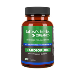 Tattva's Herbs Cardiopure bottle on display, supports daily wellness through Ayurvedic blends.