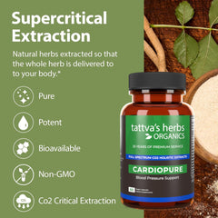 Tattva's Cardiopure herb blend closeup emphasizes authentic Ayurvedic roots for balance.