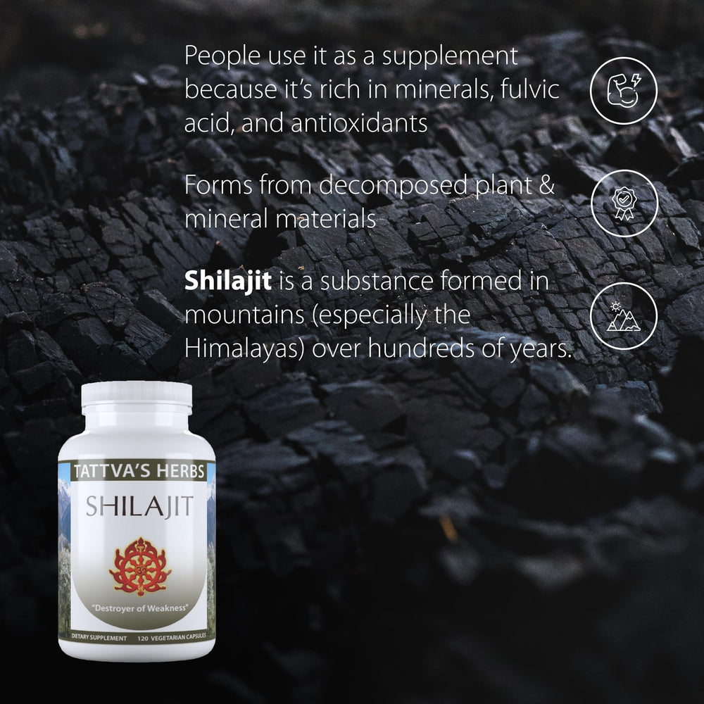 Tattva's Herbs Shilajit in Himalayan landscape offering natural energy support.