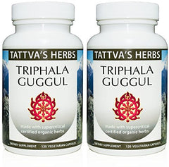 Tattva's Herbs Triphala Guggul bottle pour supports gentle digestion and daily wellness.
