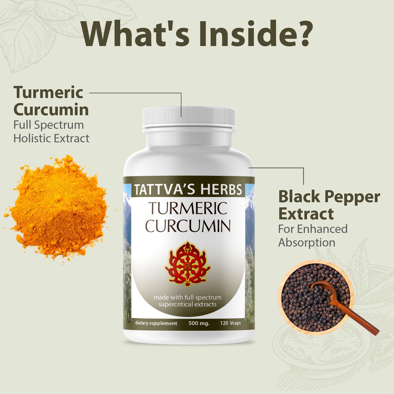 Tattva's Herbs turmeric-curcumin capsules close-up highlighting vegan formula