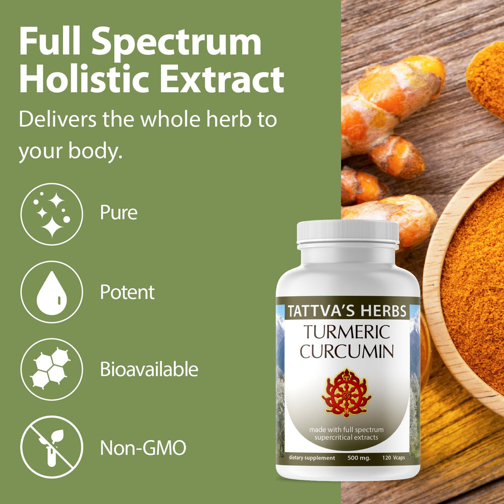 Tattva's Herbs turmeric-curcumin label featuring pippali for absorption