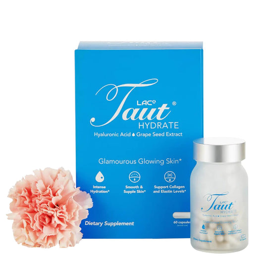 TAUT Hydrate bottle front for daily hydration in a vegan skincare routine.