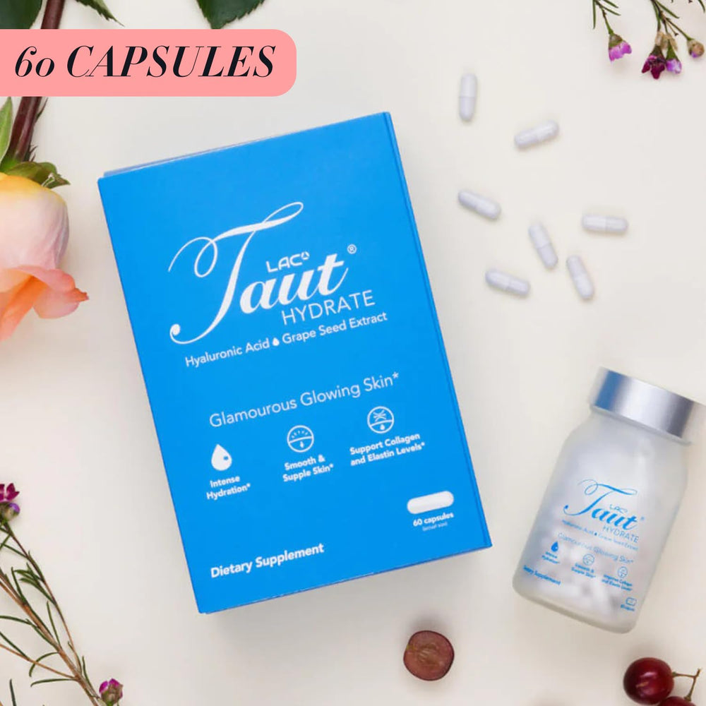 TAUT Hydrate capsules close-up highlighting 120 mg HA for deep hydration.