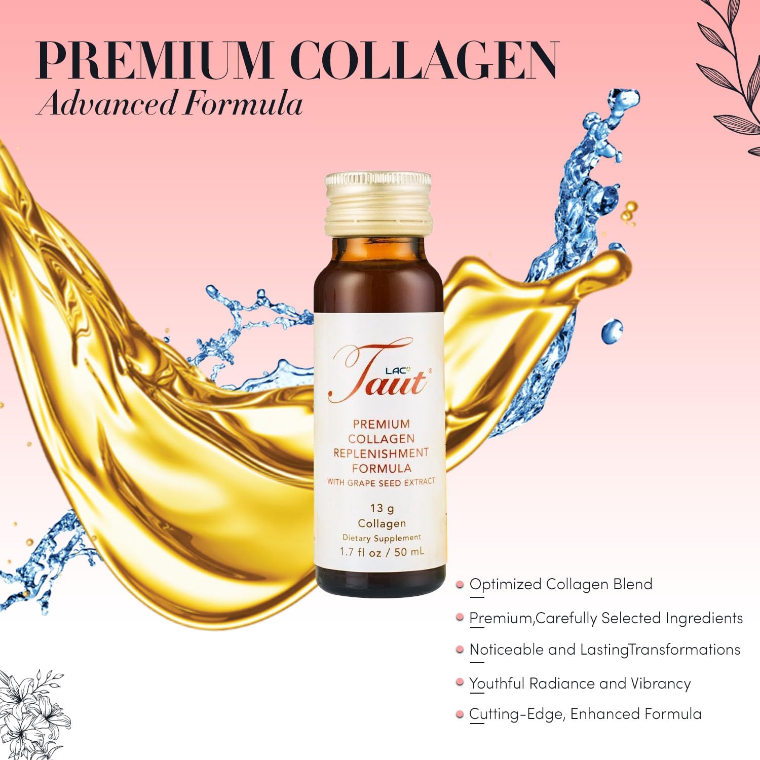 TAUT Liquid Collagen bottle pour showing convenient daily serving