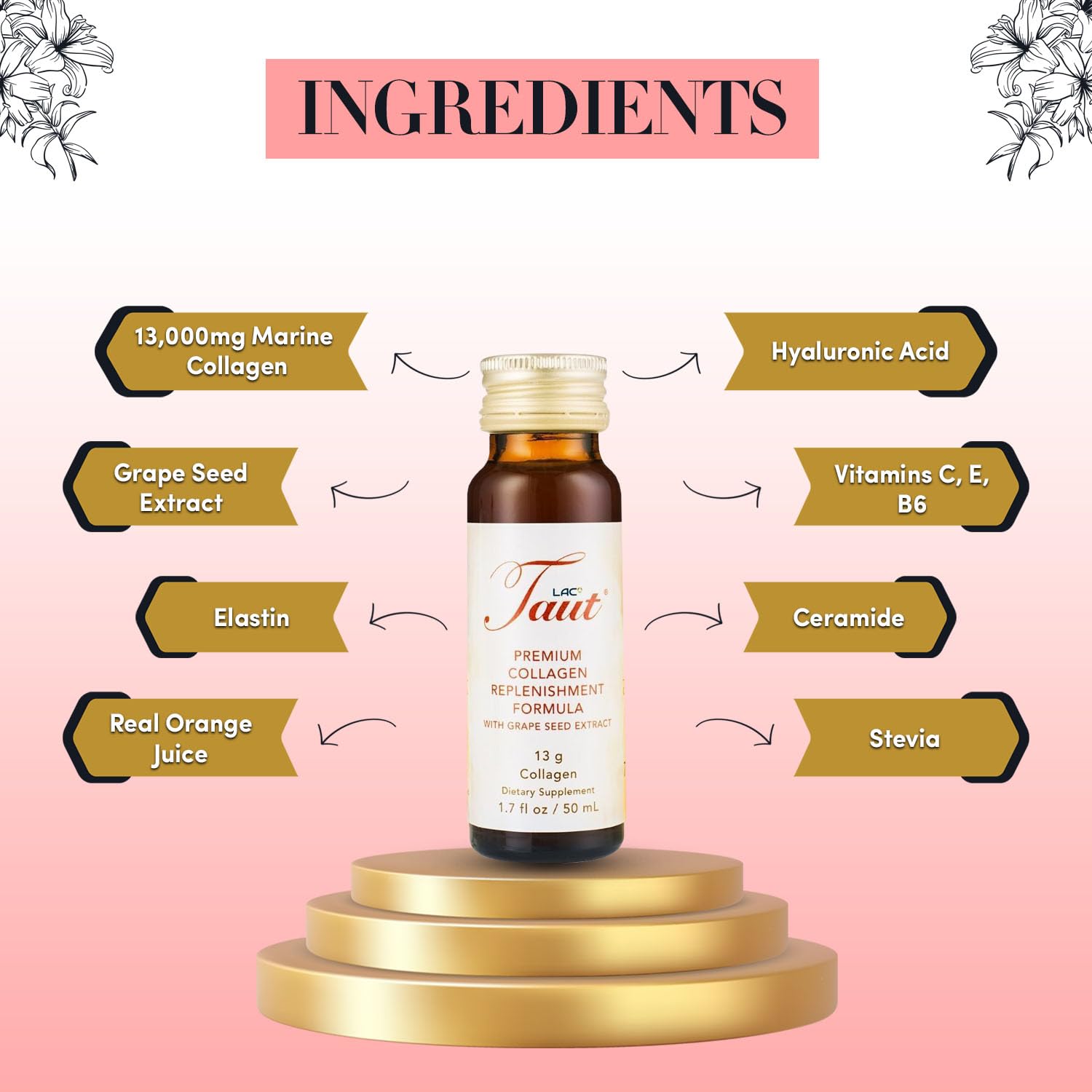 TAUT Liquid Collagen packaging box highlighting eight bottles