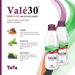 Close-up of Valé30 label emphasizing Vitamin A and B Complex blend.