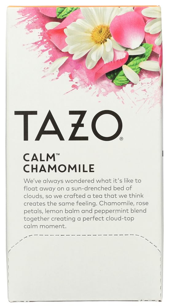 Close-up of TAZO Calm Chamomile tea bags ready for brewing.