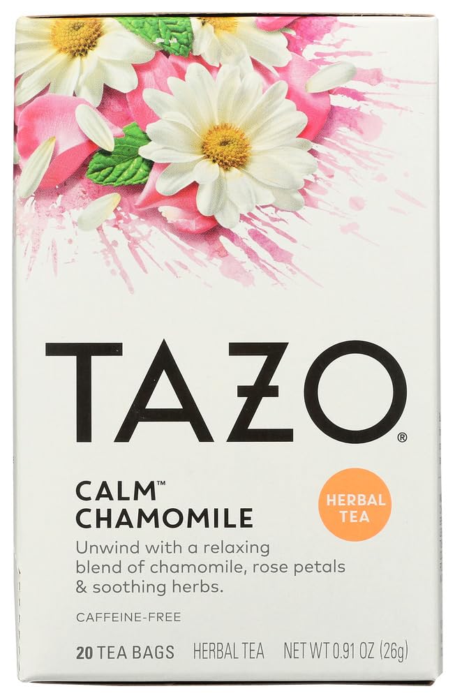 TAZO Calm Chamomile tea box front promotes relaxation after a long day.
