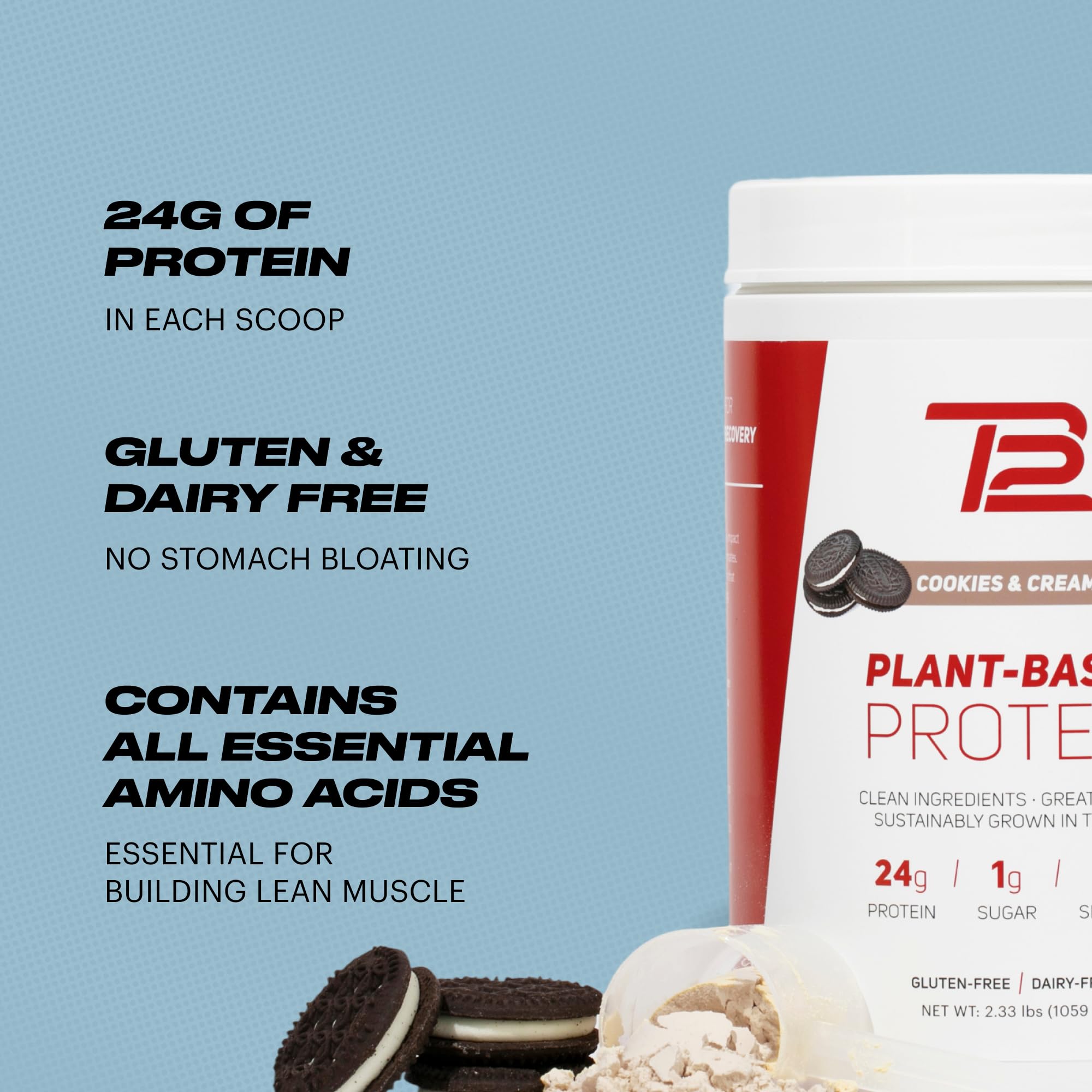 TB12 dairy-free non-GMO packaging signals clean protein source.