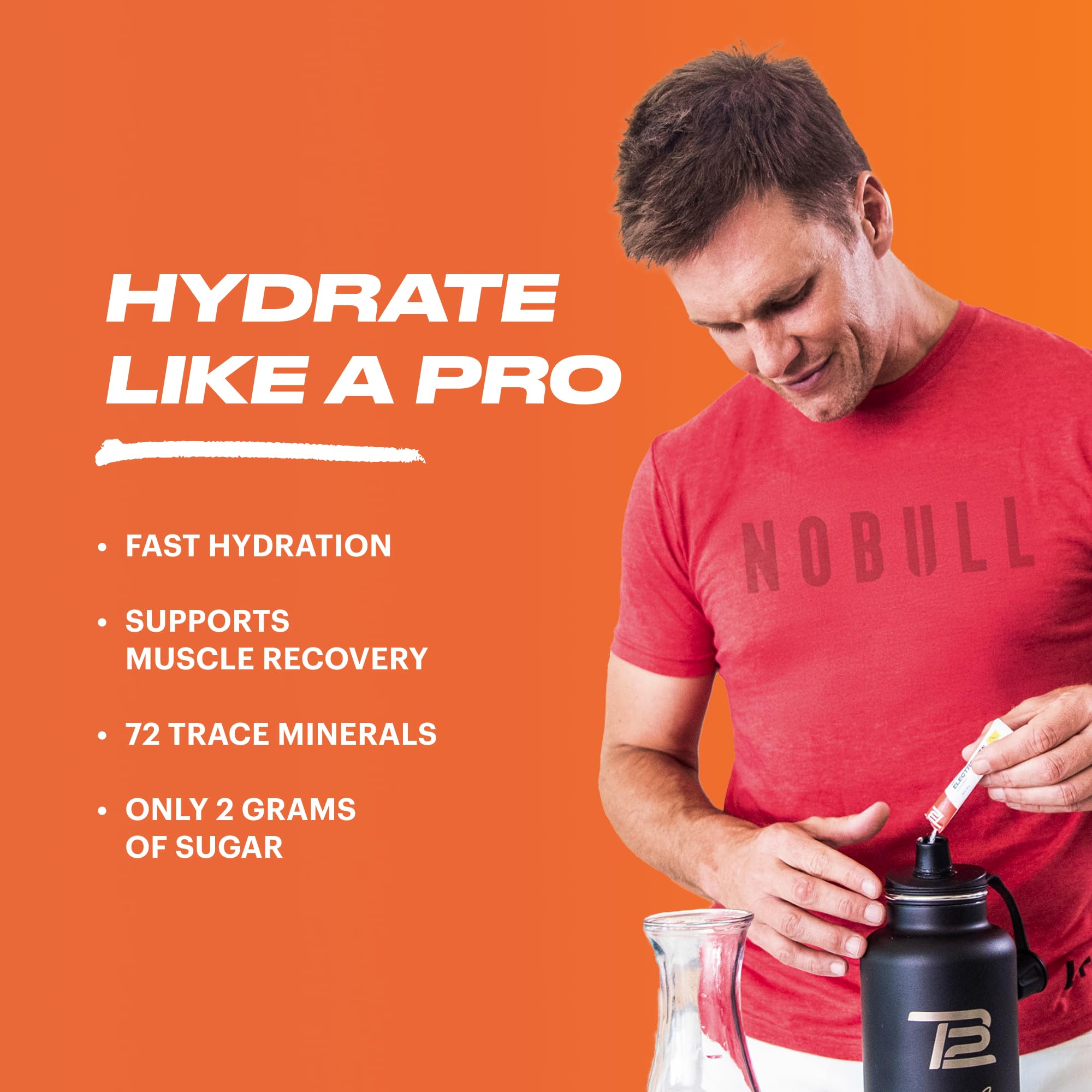 TB12 Peach Mango powder pours into glass for rapid hydration.