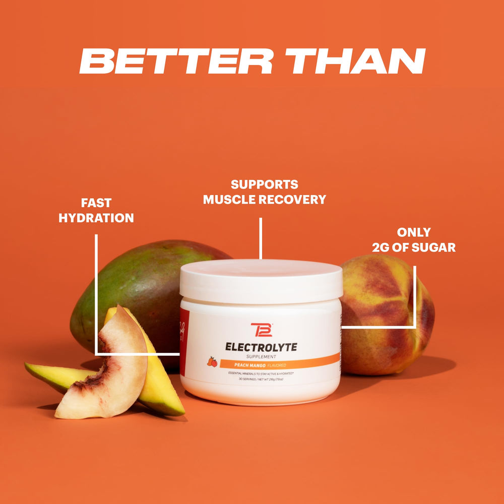 TB12 Peach Mango packaging close-up highlighting clean ingredients.