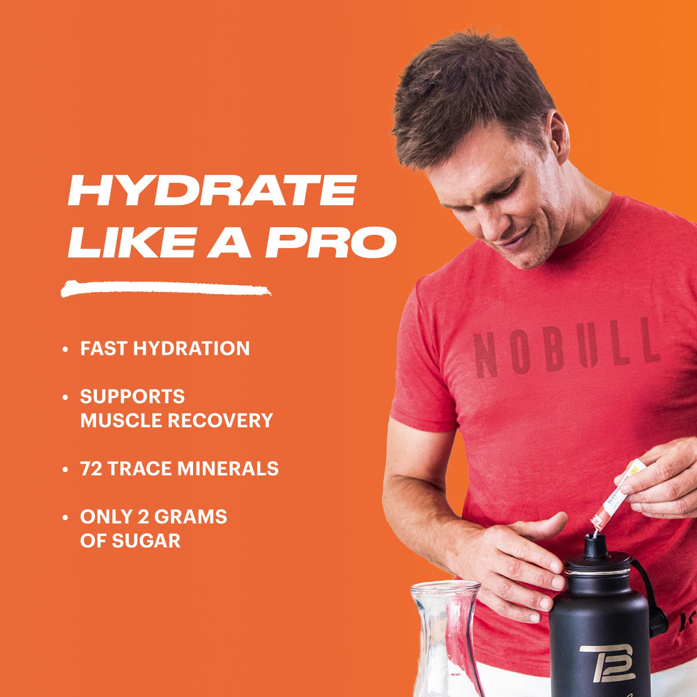 TB12 Electrolytes Peach Mango pour into water for fast hydration.
