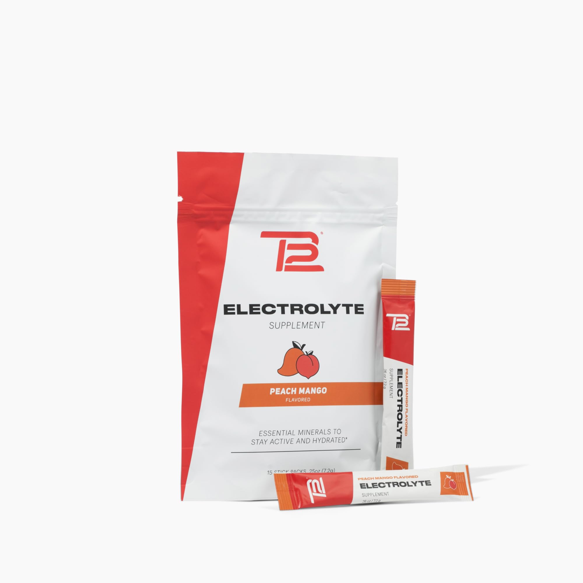 TB12 Electrolytes Peach Mango stickpack ready to mix for on-the-go hydration.