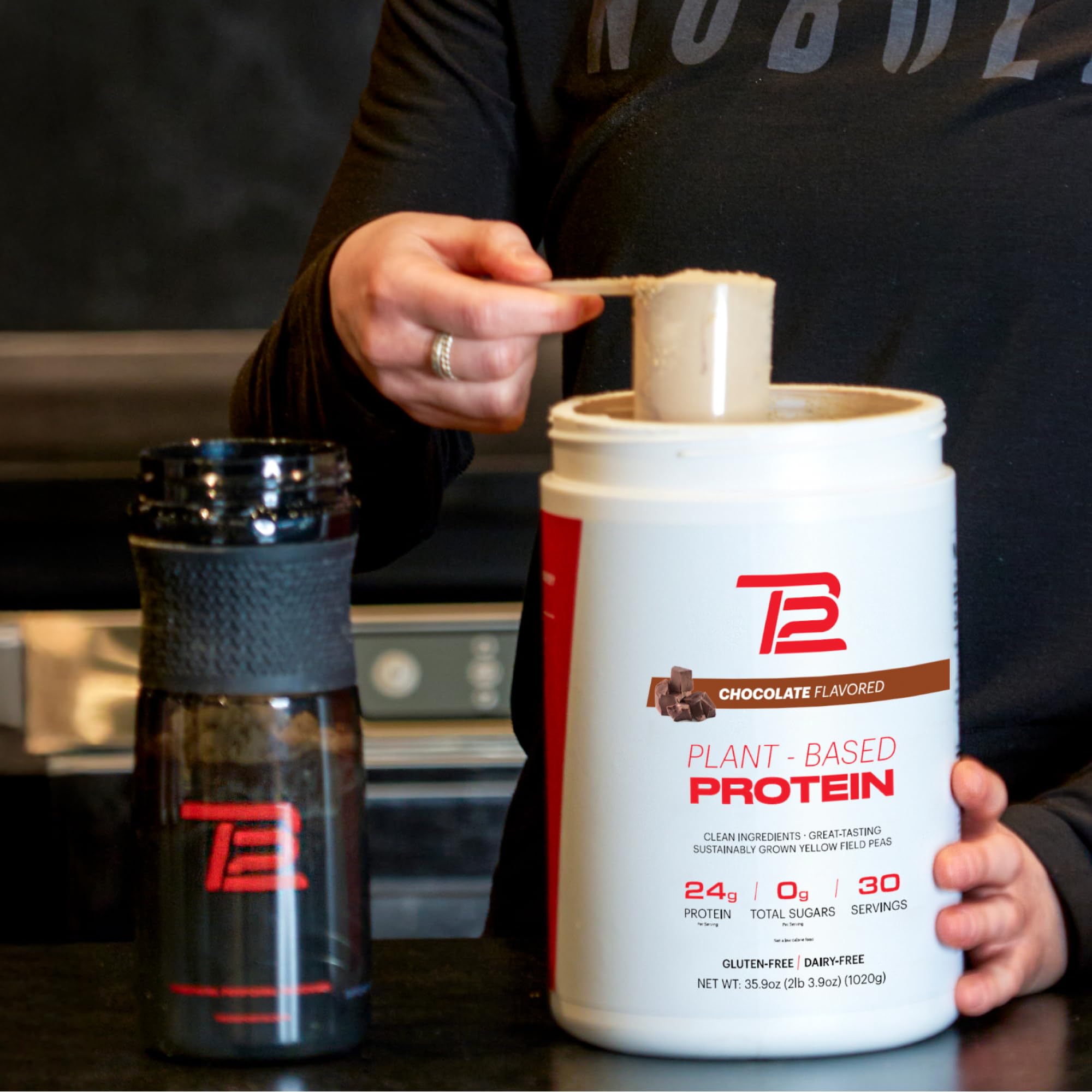 Keto-friendly, sugar-free TB12 powder blended with smoothie ingredients.