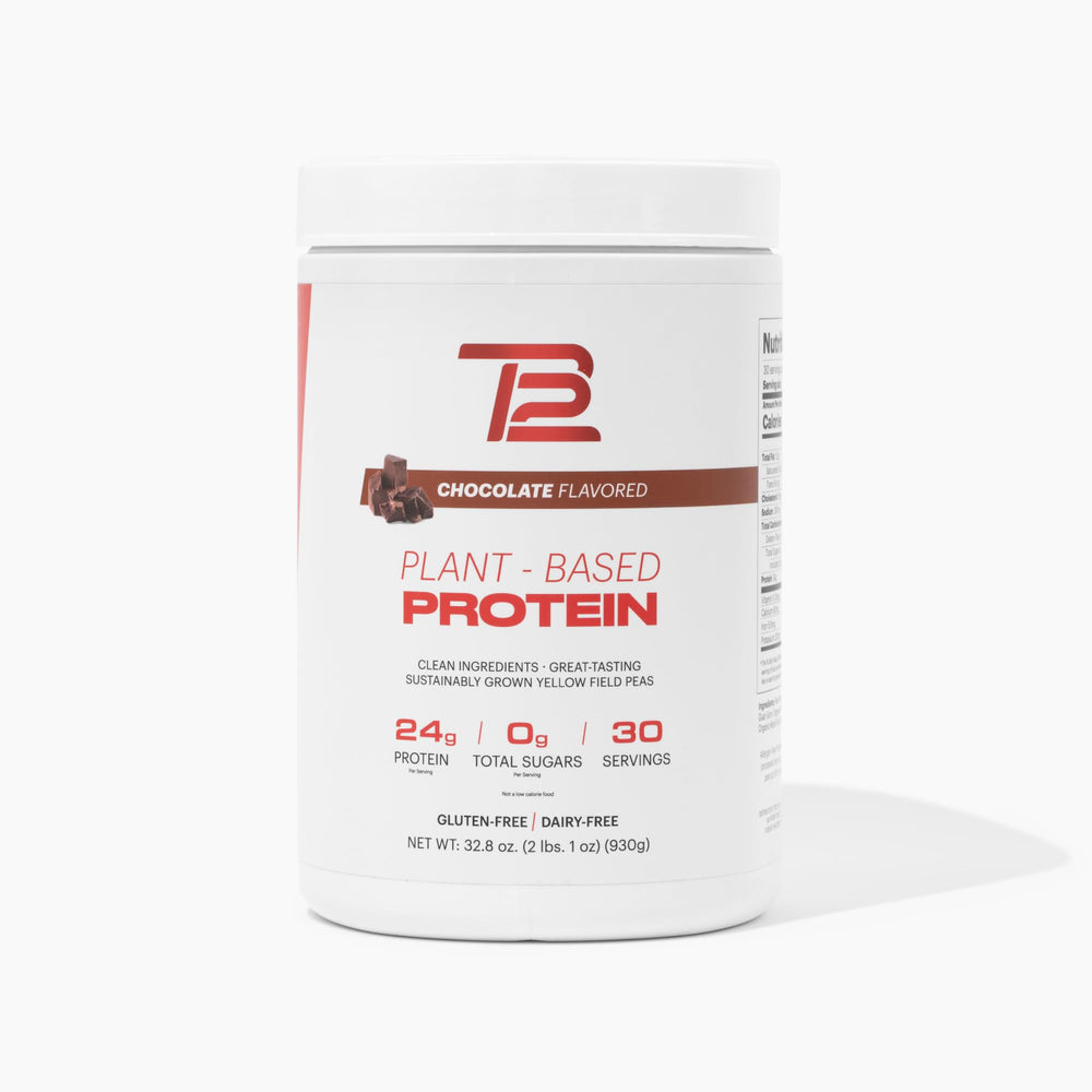 TB12 plant-based chocolate protein powder bottle ready for a post-workout shake.