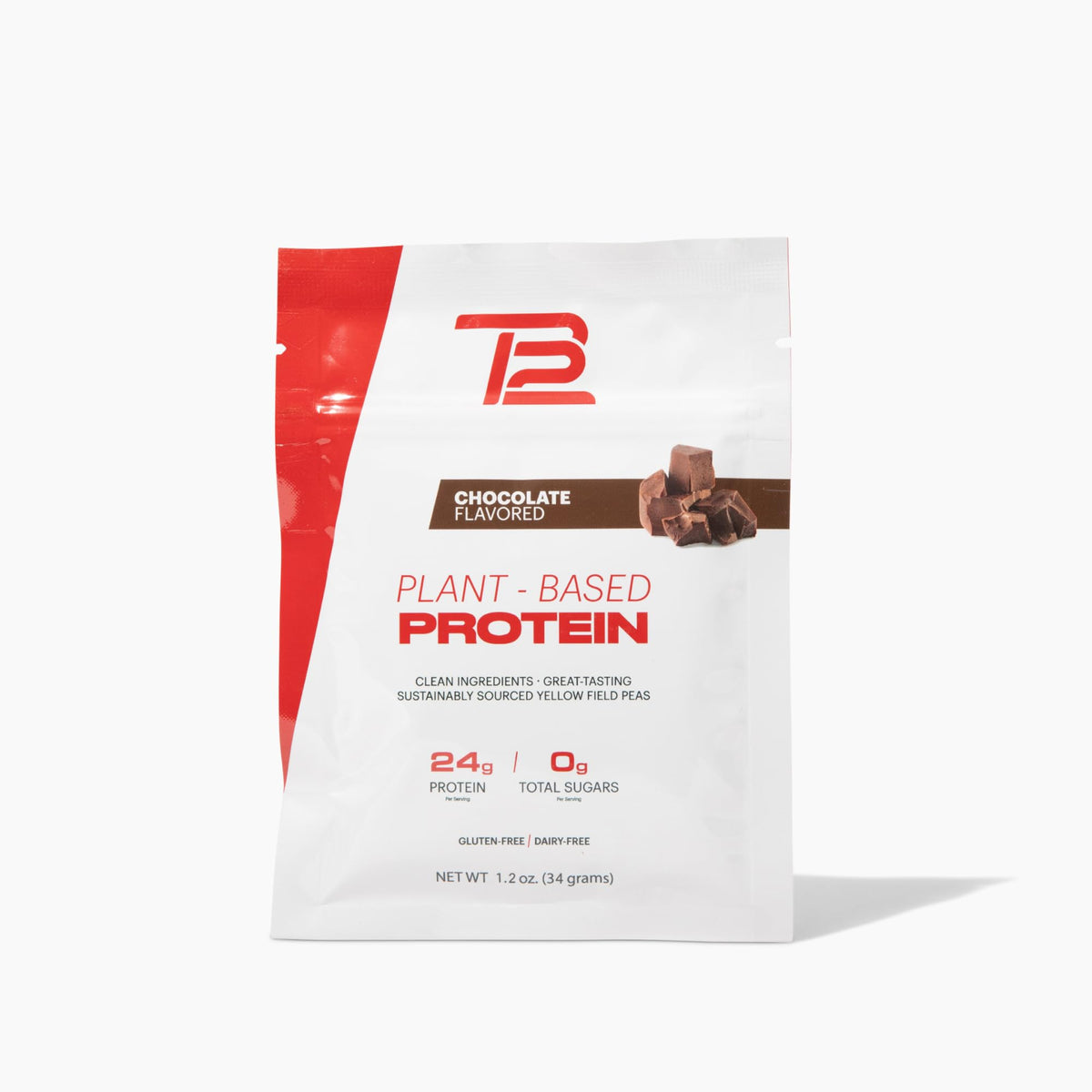 TB12 plant-based protein powder front view with chocolate flavor for vegan shakes.