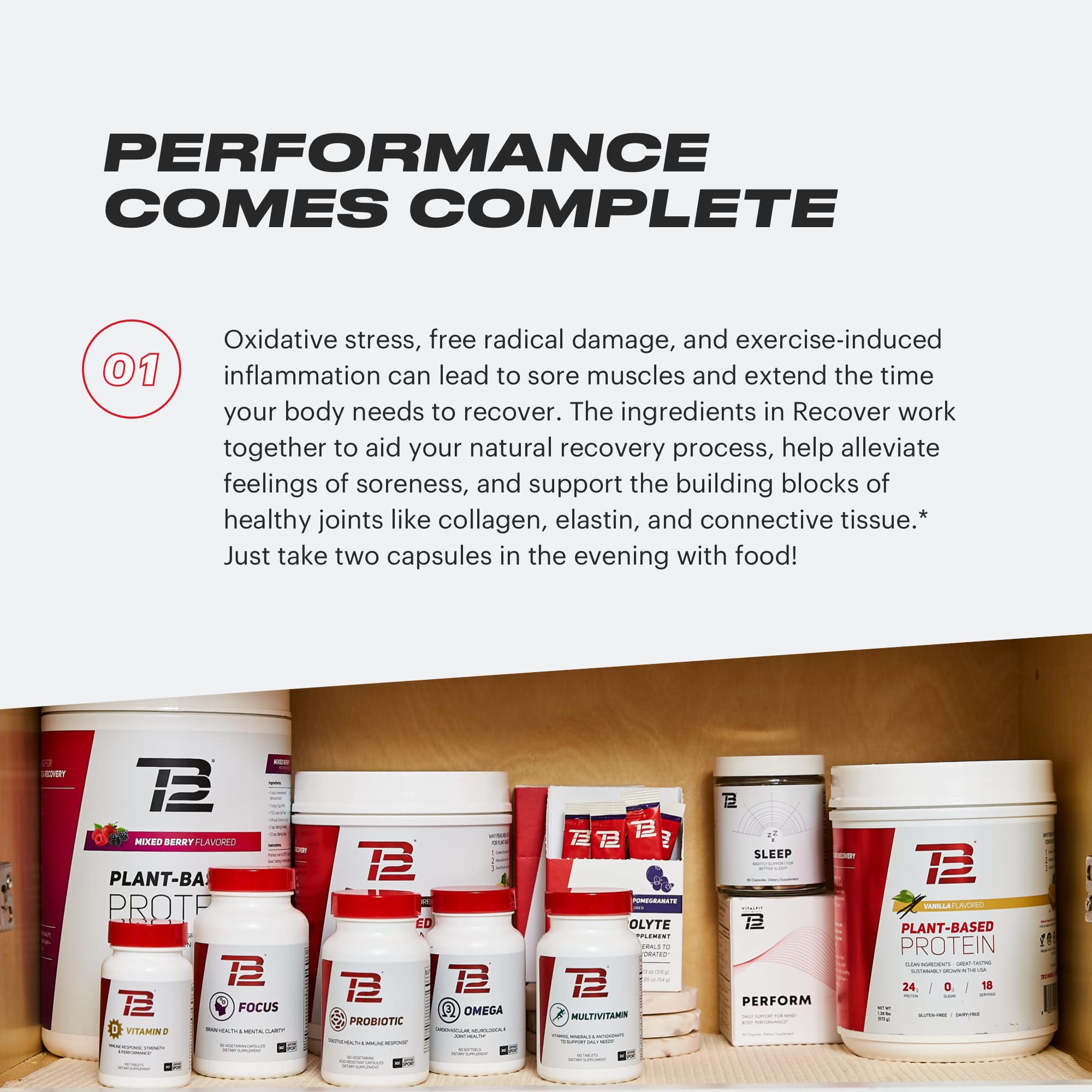 Ingredients label close-up on TB12 Recover packaging for transparency