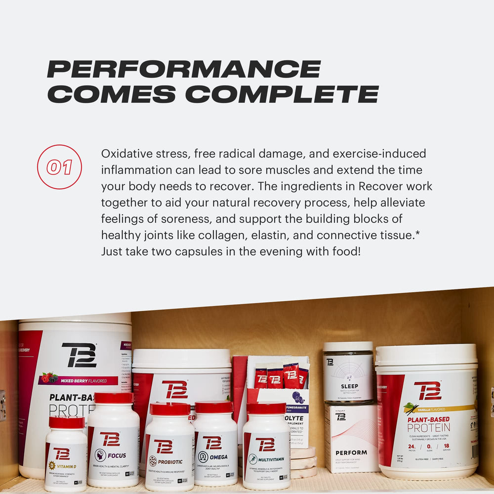 Ingredients label close-up on TB12 Recover packaging for transparency