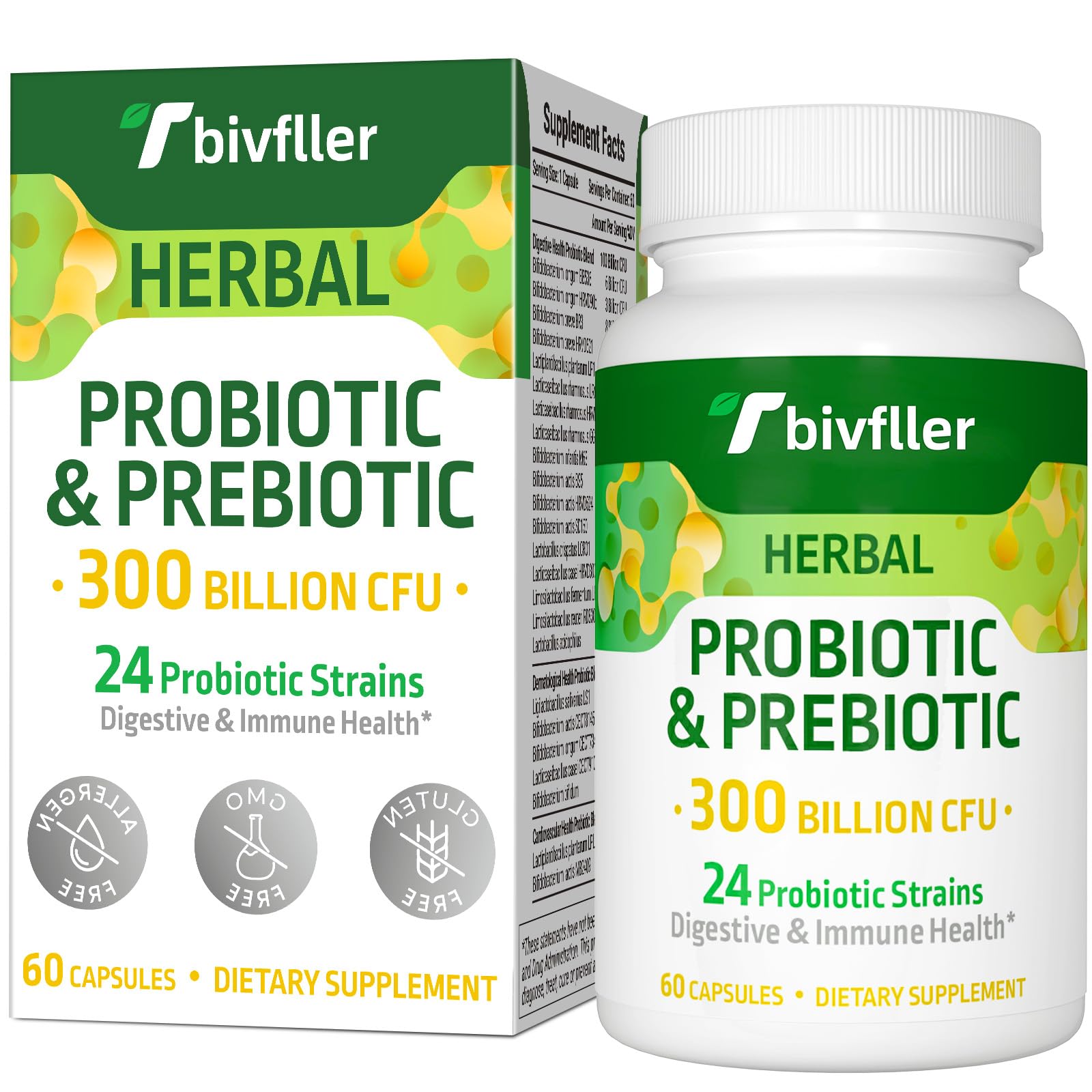 Tbivfller probiotics bottle front shows 300B CFU for daily gut support.